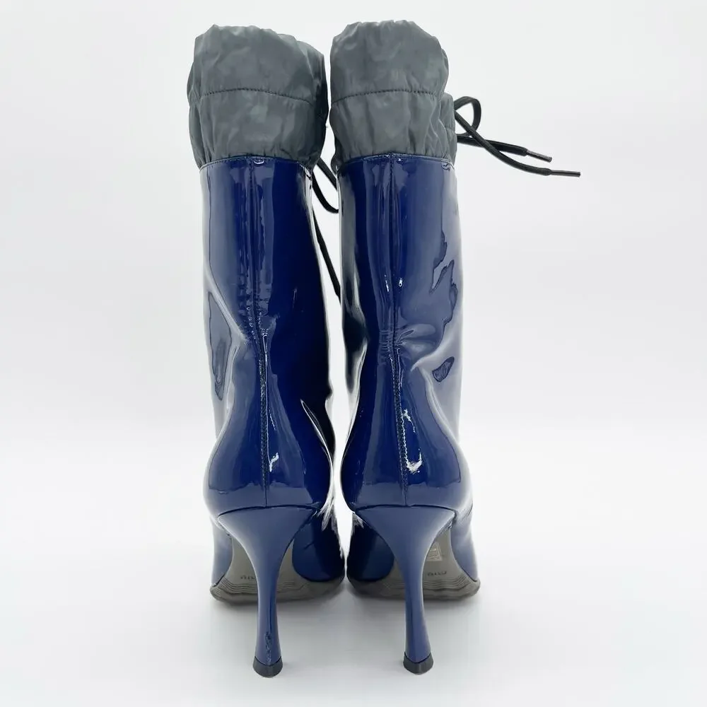 Miu Miu F/W 2014 Blue Patent Wellington Rubber Cap Toe Heeled Rain Boots IT 36.5